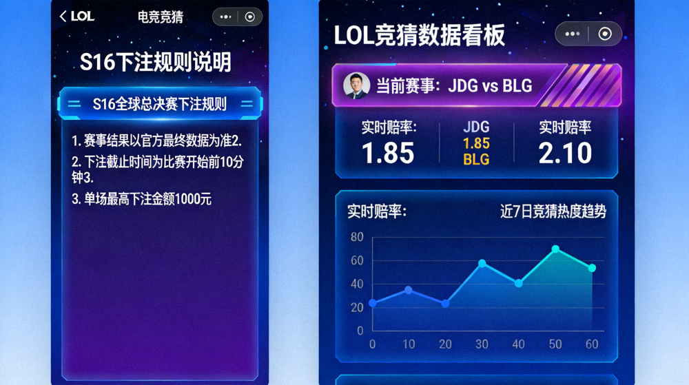 LOL电竞竞猜官方网站更新页面配图：S16下注规则说明与LOL竞猜数据看板界面示意