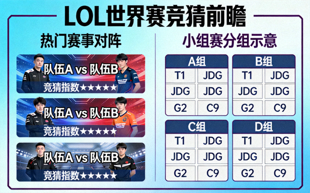 LOL世界赛竞猜前瞻配图：英雄联盟竞猜热门赛事对阵与S16小组赛分组示意